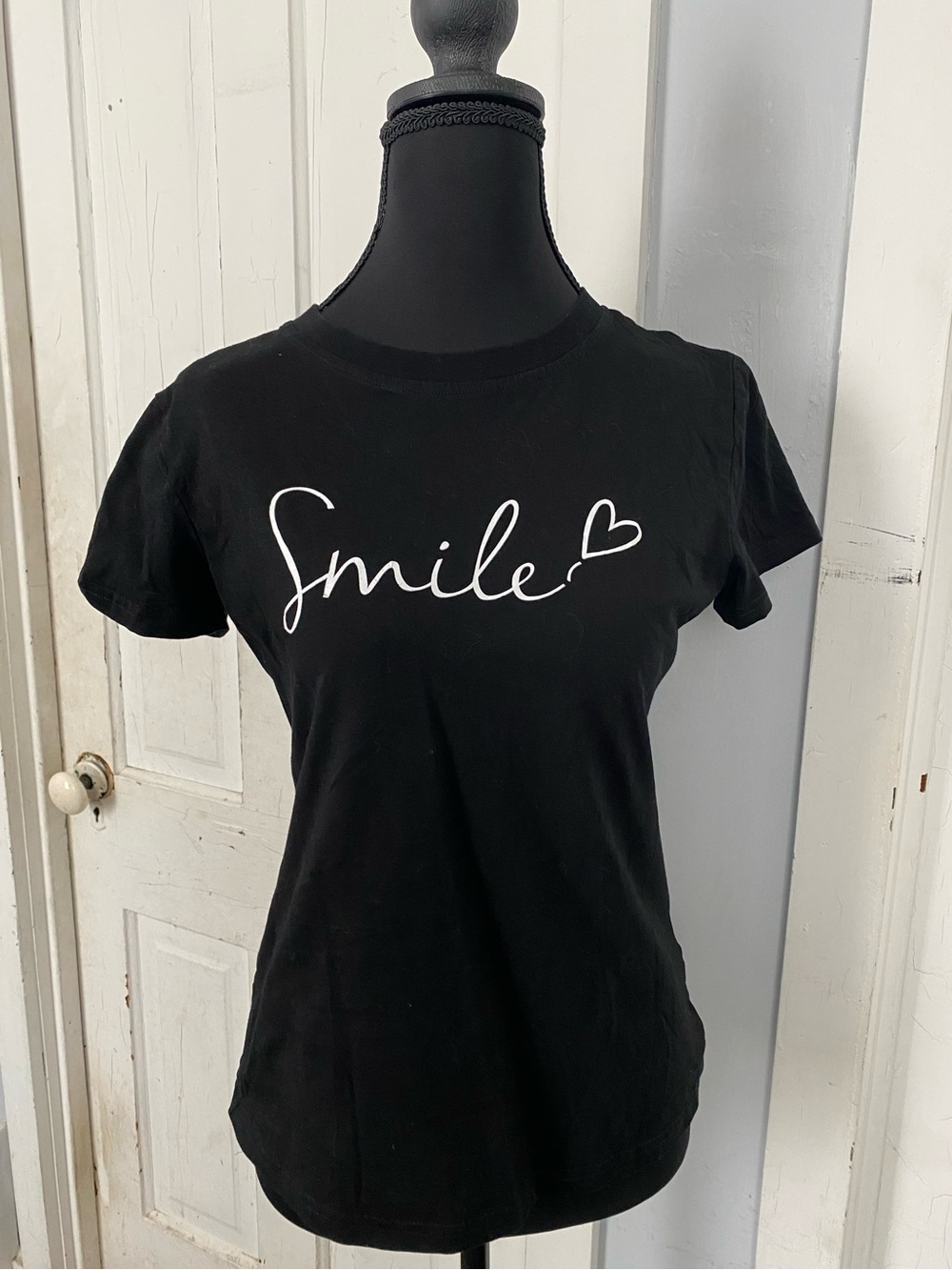 SHEIN Black 'Smile' Script Tee with Heart